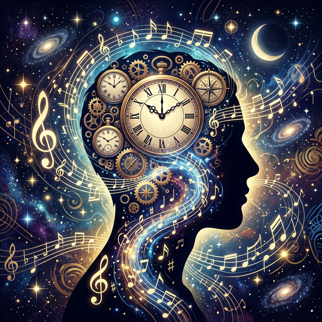 Silhouette of a human head filled with clocks, gears, and flowing musical notes in a cosmic background
