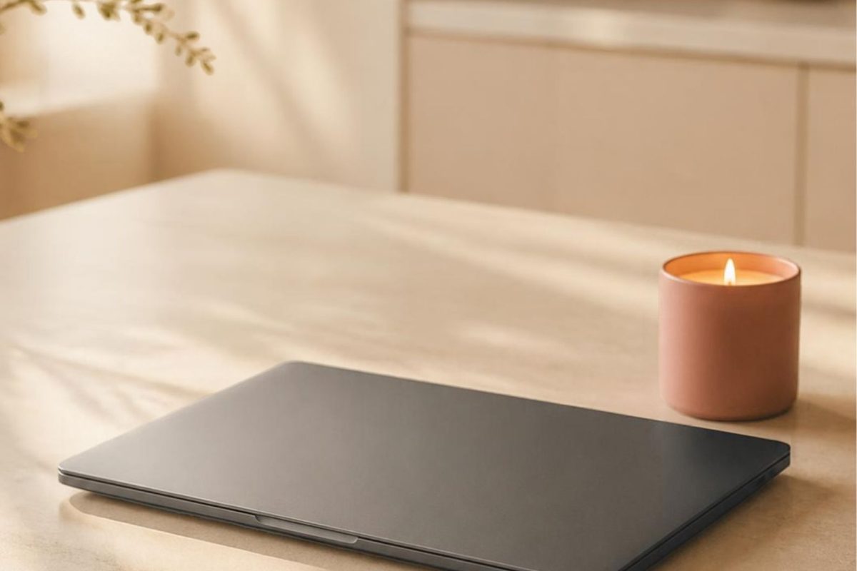 A closed laptop on a tidy table at the end of the workday
